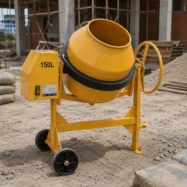 Betoneira 150 litros amarela em canteiro de obras em Osasco